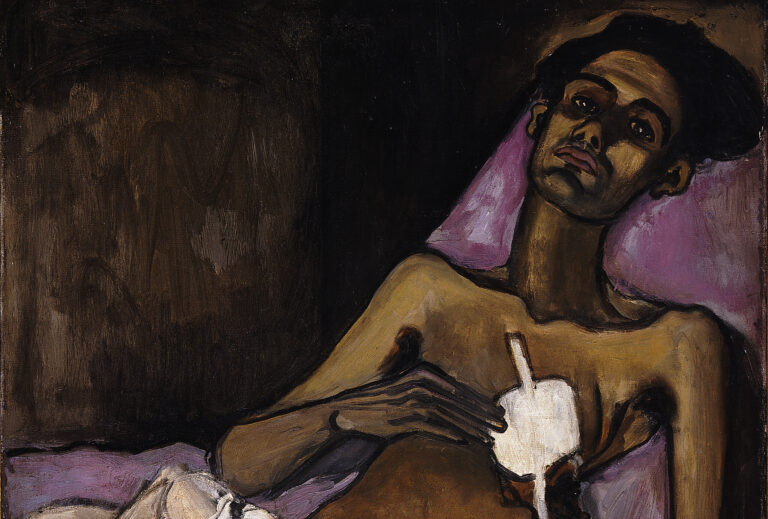 A sick man with medium skin tone lies on a bed with purple bedding and stares out with a dignified expression. The left side of his chest is misshapen and covered with a white bandage. Thick outlines define his body and highlights on his arms and face accentuate his frail frame.