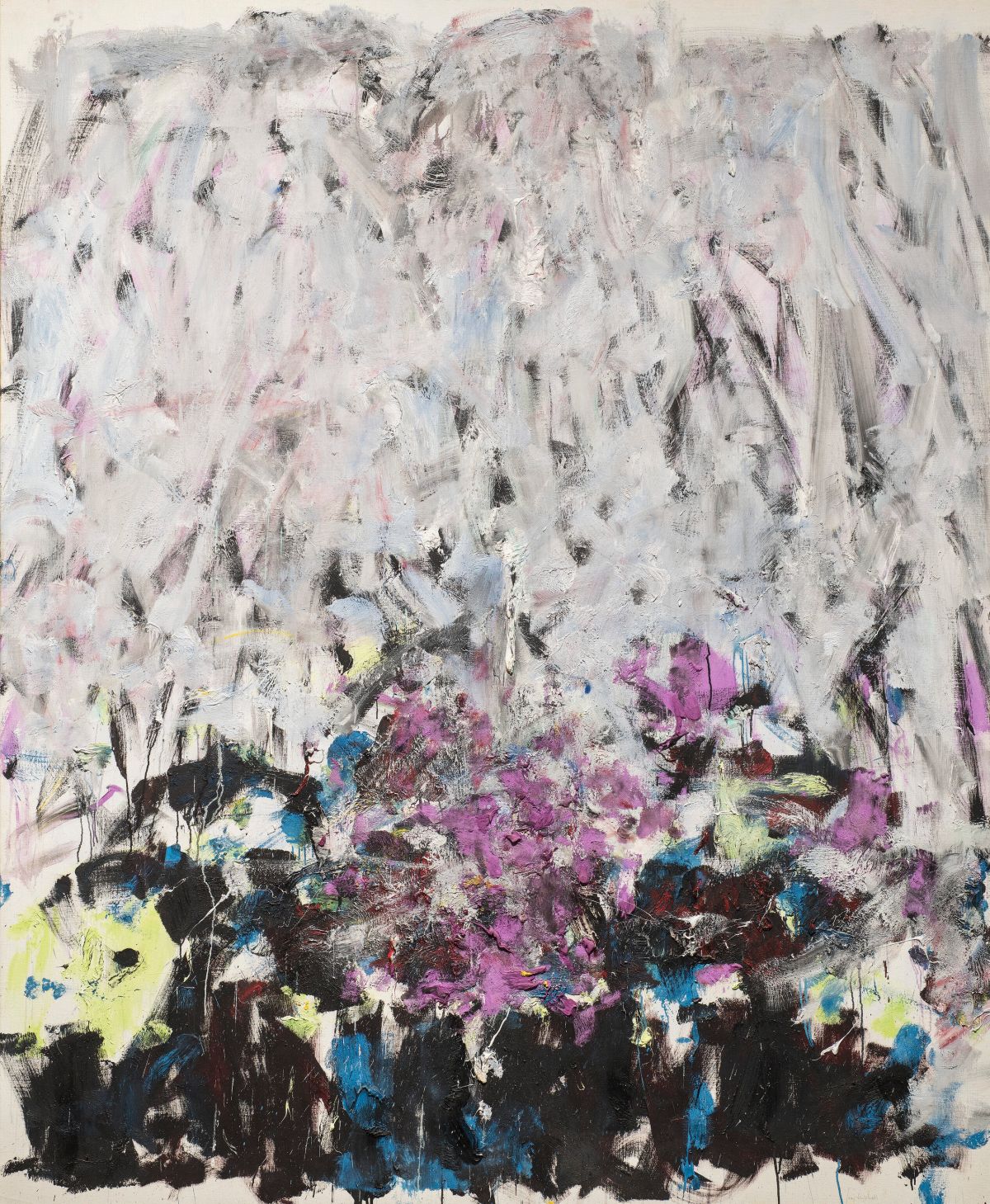 A vertical, abstraction features broadly painted strokes of pale gray, lavender, and cobalt in the upper two-thirds of the canvas. The colors continue in the lower third, along with touches of green, black, and other hues, but the expressive brushwork becomes denser and chaotic.
