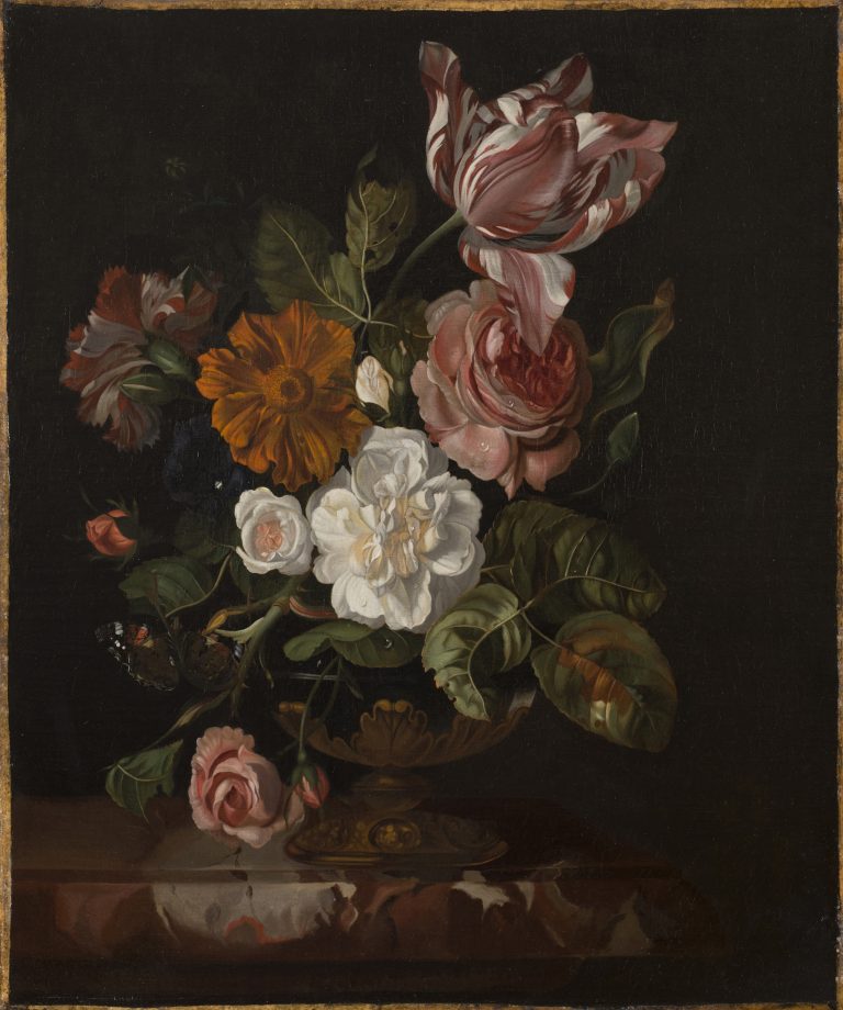 Rachel Ruysch, Flowers in a Vase, mid-1680s; Oil on canvas, 18 3/4 x 15 3/4 in.; National Museum of Women in the Arts, Gift of Wallace and Wilhelmina Holladay; Photo by Lee Stalsworth