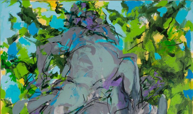 Large, vertical, abstract painting suggesting a central figure group in Bacchanalian revelry surrounded by nature. The expressively rendered figures are grey with outlines sketched in black, while the surrounding foliage and sky are a jumble of vibrant greens and turquoise blue.