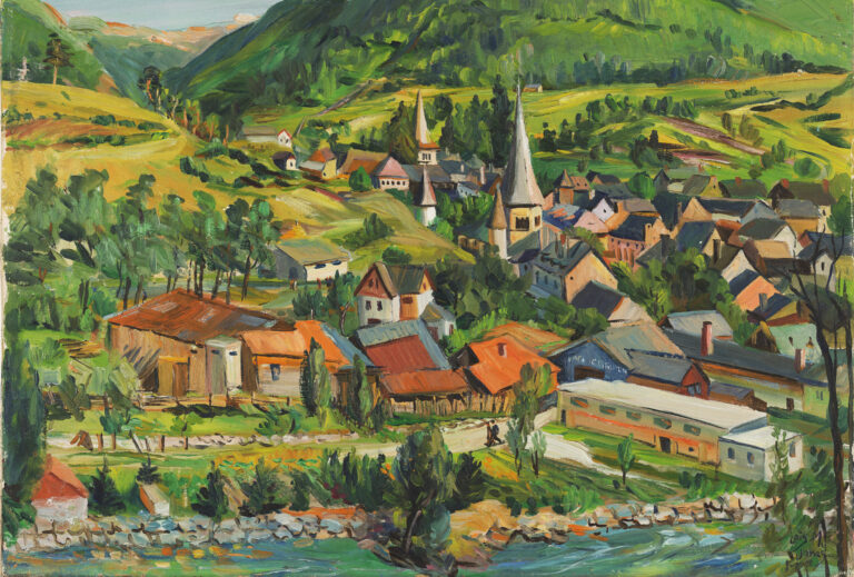 Beneath a soft blue sky, a picturesque village nestles in a valley between a river in the extreme foreground and verdant mountains. Combining loose and discrete brushstrokes with a palette of greens and golds, the painting recalls Paul Cézanne’s late 19th-century landscapes.