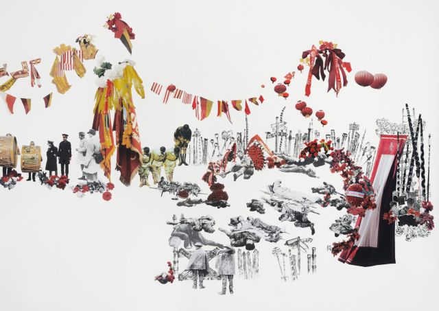 Detail of a collage of black and white images of soldiers standing and laying down with red and yellow flags, balloons, and ribbons hanging over them.