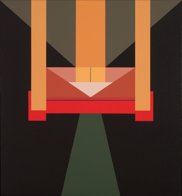 An abstract geometric painting featuring three peach colored rectangular columns atop a plane of dark brown, grey, and teal green. There are also red, pink, and white segments that form triangles, rectangles, and squares.