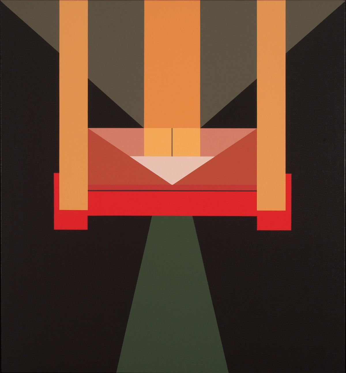 An abstract geometric painting featuring three peach colored rectangular columns atop a plane of dark brown, grey, and teal green. There are also red, pink, and white segments that form triangles, rectangles, and squares.