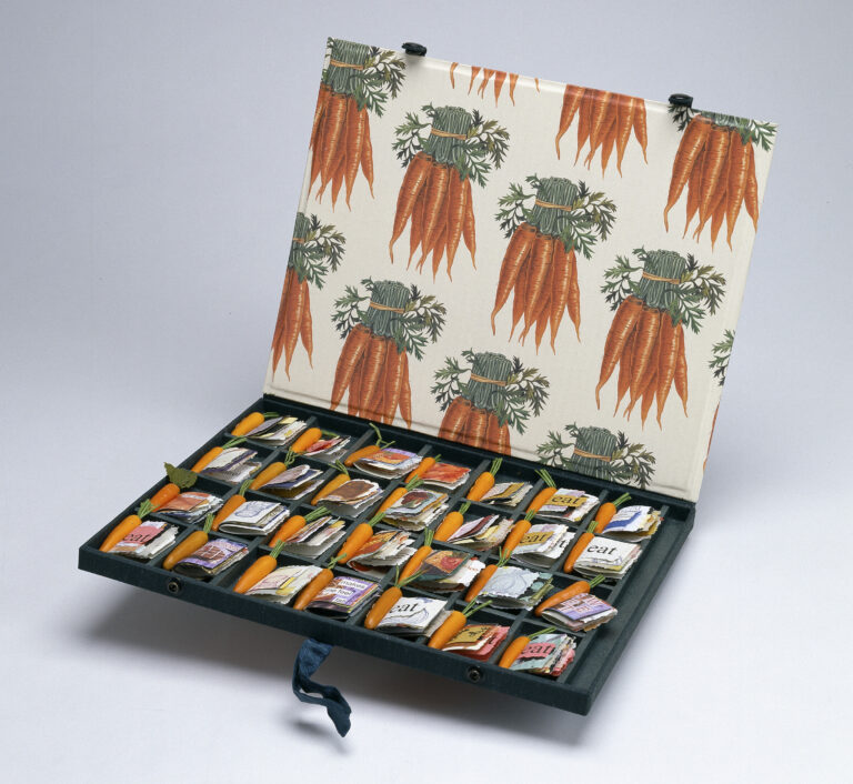 Color photograph of an an open box with a flap lid and small books inside. The inside of the box lid has images of bunches of carrots. The box has 28 cavities, each which holds a small book with a three-dimensional carrot spine.