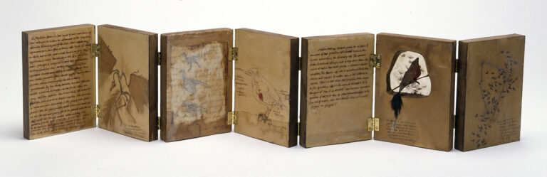 A six-panel accordion-style book with brownish pages, featuring handwritten text, sketches, and illustrations, including abstract shapes and a bird, displayed open on a white background.