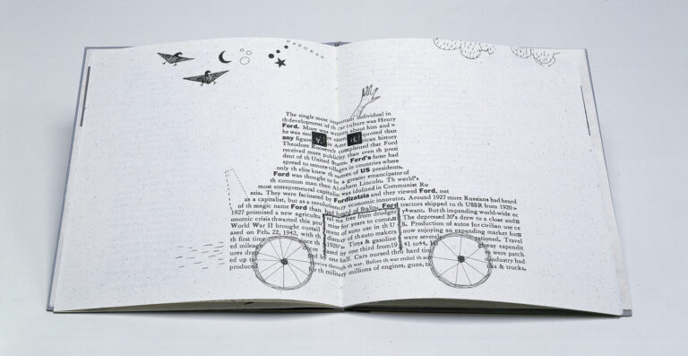 An open book with whimsical black line drawings of birds, stars, the moon, and a cart. The text and illustrations are creatively arranged on both pages, with some text following the shapes of the images.