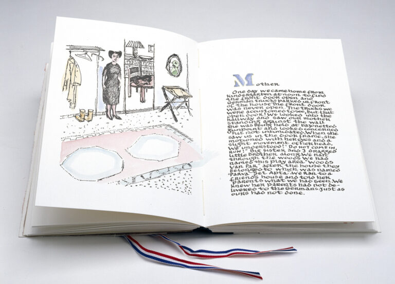 An open illustrated book shows a woman in a dress standing in a room, with handwritten text on the right page and red, white, and blue ribbon bookmarks hanging below.