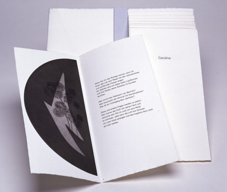 Meret Oppenheim, Caroline, 1985; Artist’s book with letterpress, colored etchings, and embossing, 5 1/2 x 11 in.; National Museum of Women in the Arts, Gift of Wallace and Wilhelmina Holladay; © ProLitteris Zurich, courtesy of Lisa Wenger and Martin A. Bühler, Meret Oppenheim Estate; Photo by Lee Stalsworth