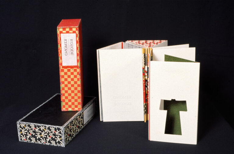 Carol Schwartzott, Kimono/Kosode, 2002; Letterpress on hand-dyed paper, Chiyogami paper, mat board, basswood dowels, 6 x 10 1/2 x 2 1/2 in.; National Museum of Women in the Arts, Purchased with funds provided by the Library Fellows of the National Museum of Women in the Arts; © Carol Schwartzott