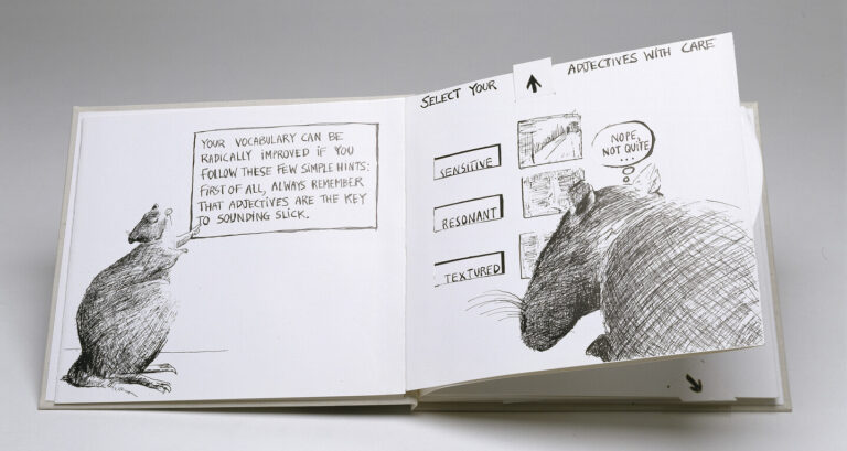 An open sketchbook shows two pages with pencil drawings of rats. One rat points to a speech bubble about improving vocabulary with adjectives. The other page lists adjectives: "sensitive," "resonant," and "textured".