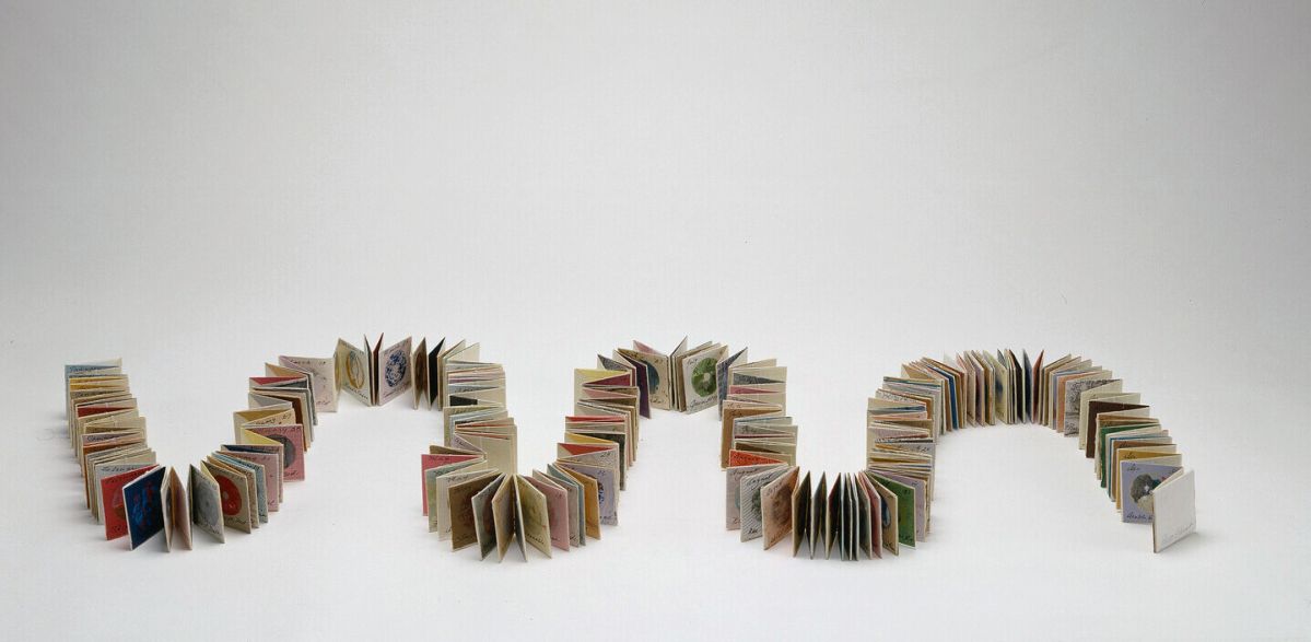 An accordion-style artist’s book is open, displaying pages with colorful abstract circular designs and handwritten notes, including dates in August. The book stretches out in both directions against a white background.