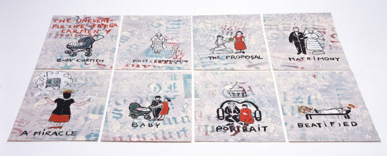 Eight illustrated panels depict key life events: baby blessing, first communion, proposal, marriage, miracle, baby, portrait, and being beatified. Each panel features simple, colorful drawings against a pale patterned background.