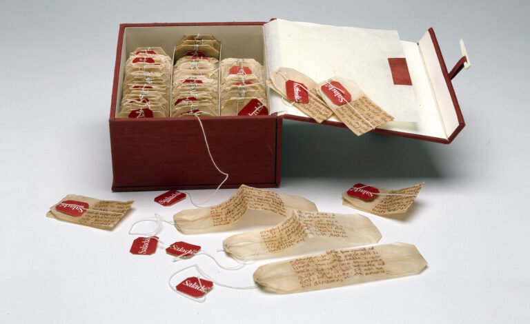 Three rows of tea bags are lined up in a red box. Spilling out of the box some tea bags are opened and have brown cursive writing on them.