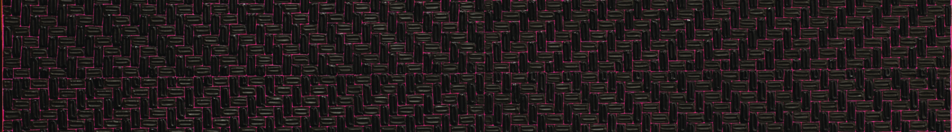A vertical rectangle with a dense, textile-like pattern is divided into quadrants. Evenly sized, lozenge-shaped dark brushstrokes radiate out diagonally from a center point, nearly hiding a bright pink ground.
