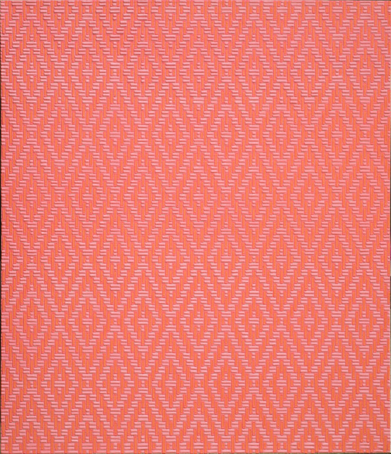 A vertical rectangle with a dense, textile-like pattern. Evenly sized, lozenge-shaped brushstrokes densely packed together create a repeating pattern of identical diamonds in peachy shades.