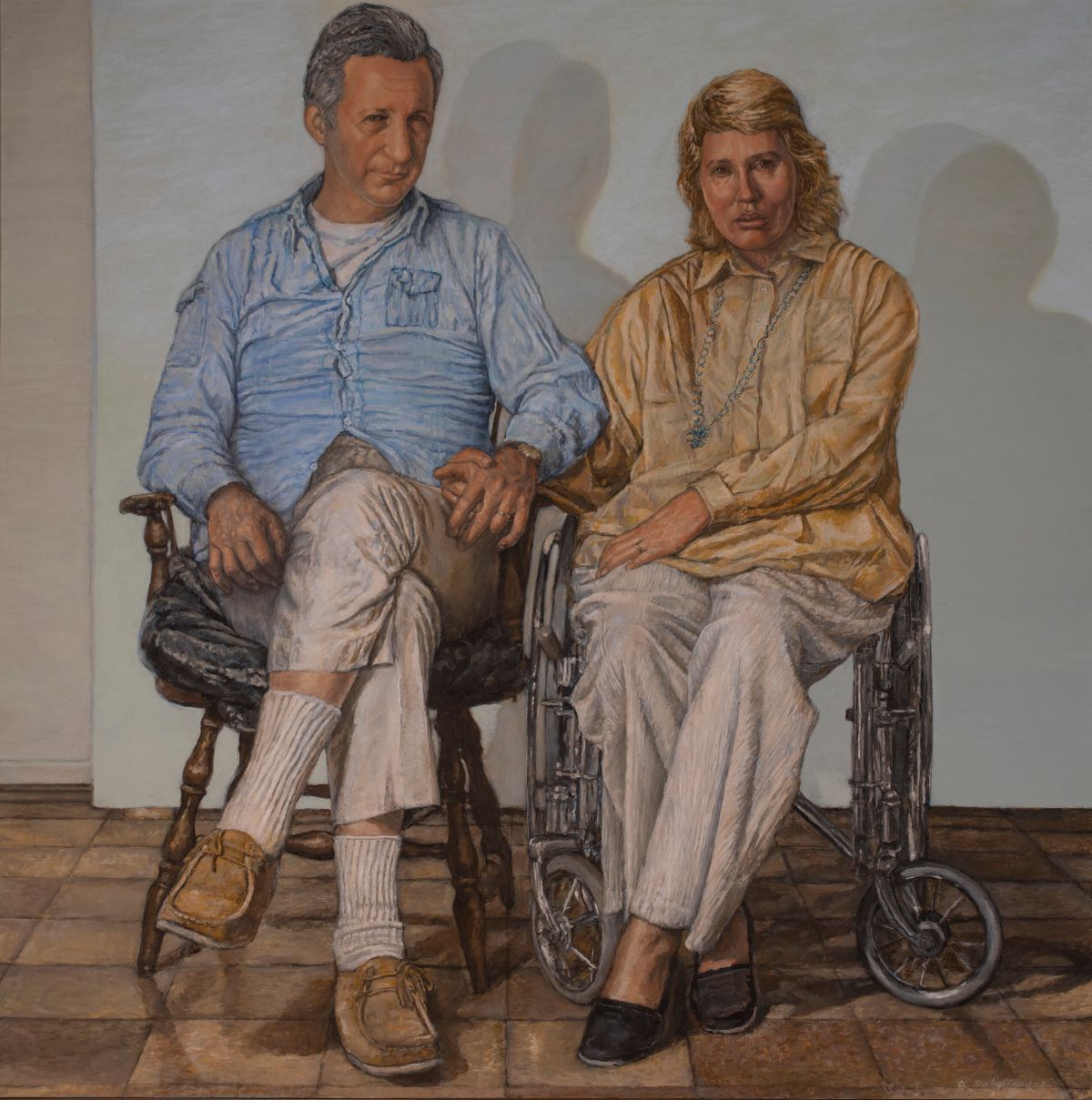 Two depictions of the same woman are shown in a room with an orange-tiled floor. One stands with a hand on her hip, while the other sits on a striped chair draped in green fabric. Both cast shadows on the plain wall behind them.