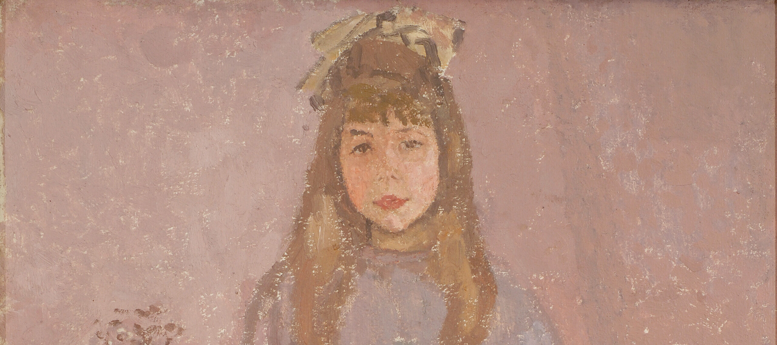 Against a loosely painted purple-pink background, a girl with light skin tone and long light-brown hair stands with her hands clasped, looking directly out at the viewer.