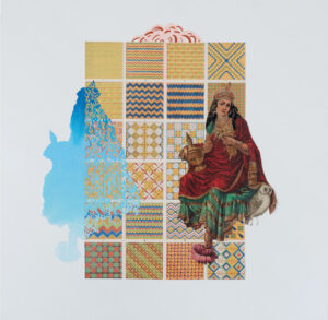 A collage depicting a woman with medium skin tone and dark hair wearing a red and green sari. She hold and urn, and a white owl sits beside her. The background is a grid of twenty-four small patterned squares.