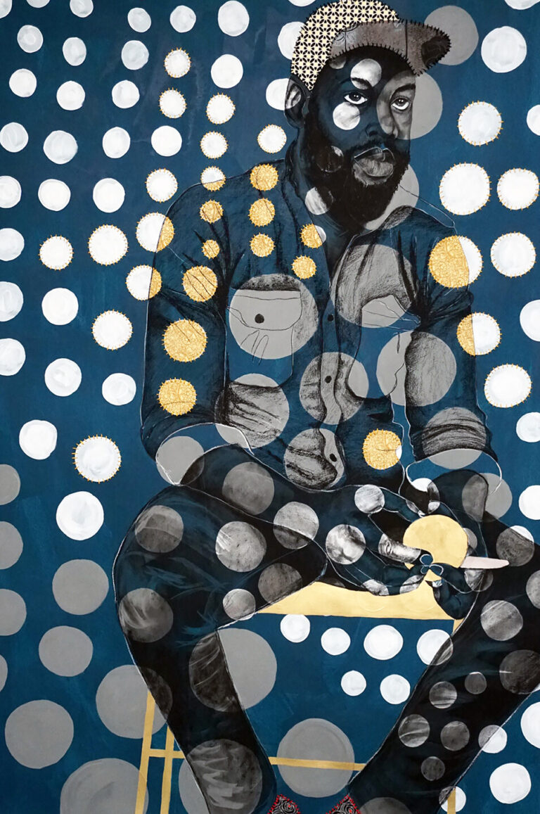 Delita Martin, Another Kind of Blues, 2018; Acrylic, charcoal, decorative papers, hand-stitching, and liquid gold leaf on paper, 71 1/2 x 51 in.; Courtesy of the artist and Galerie Myrtis; Photo by Joshua Asante