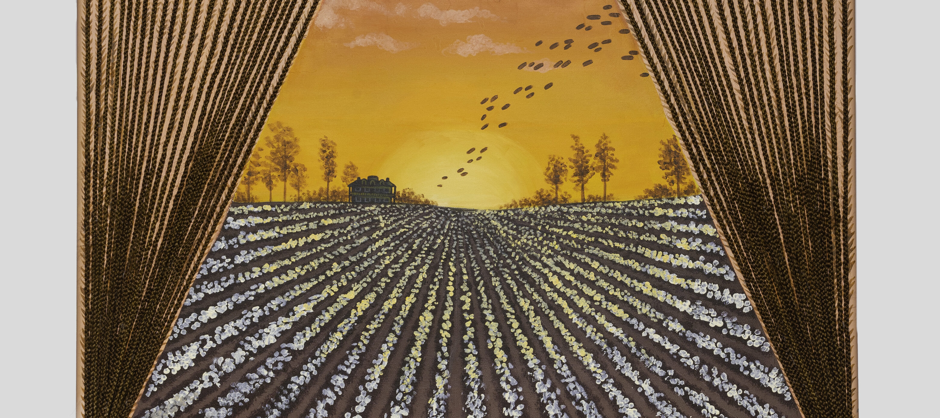 A beaded curtain styled like theater drapes frames a painted sunset over a plowed field with a farmhouse in the distance and birds flying across the orange sky. The curtain is made of braided hair and adorned with beads and shells.