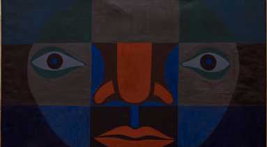 Divided into a grid of nine squares, this modernist painting depicts a stylized face with the eyes, nose, and mouth each consigned to separate squares. Solid-colored shapes in grays, muted blues, dark orange, black, and white are arranged to create the features of the face.