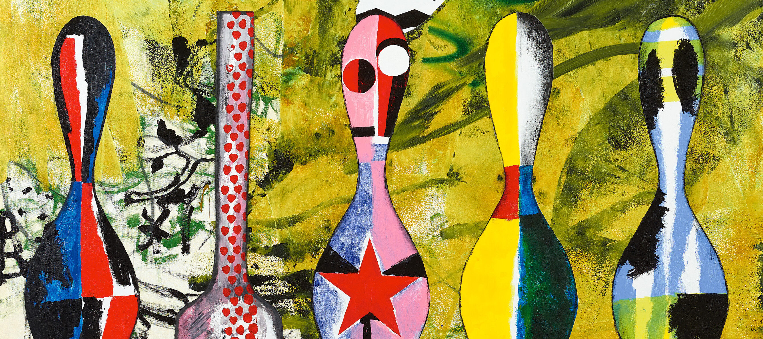 A painting featuring colorful geometric forms. Bowling-pin shaped forms with blue, red, pink, and yellow patterns line the lower half of the composition. A large abstract yellow form and black-and-white chevron stripes fill the background.