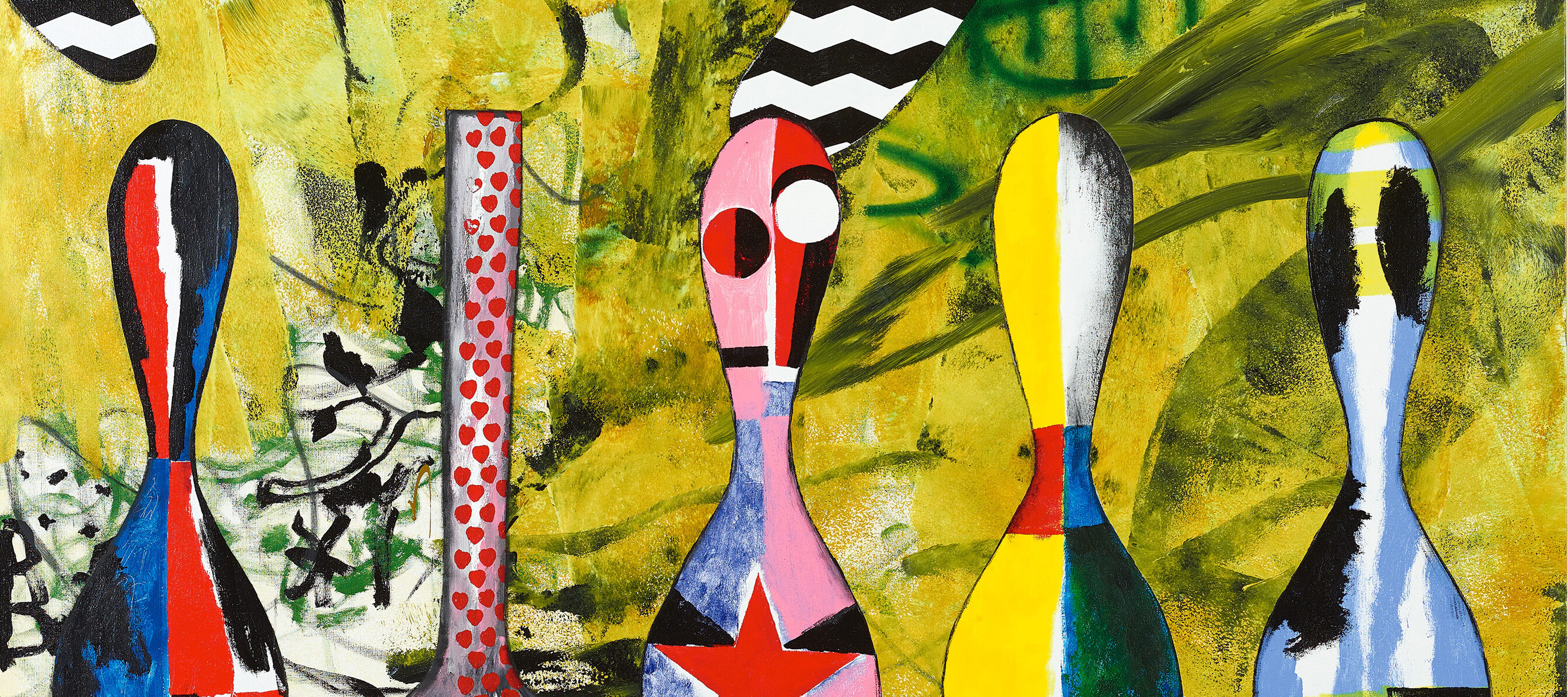 A painting featuring colorful geometric forms. Bowling-pin shaped forms with blue, red, pink, and yellow patterns line the lower half of the composition. A large abstract yellow form and black-and-white chevron stripes fill the background.
