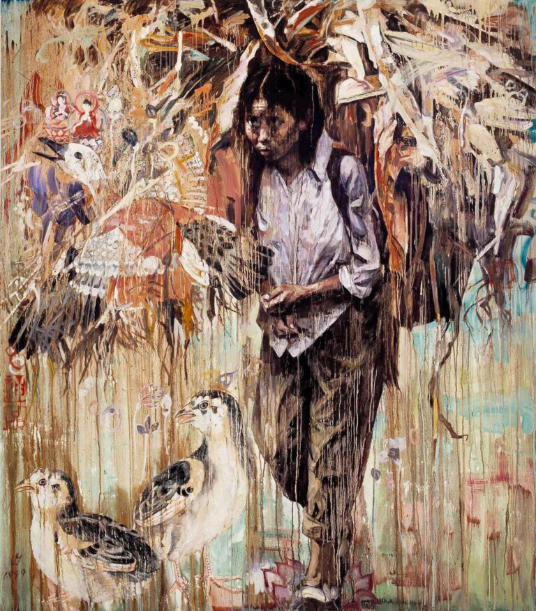 Hung Liu, Corn Carrier, 1999; Oil on canvas, 80 x 70 in.; NMWA, Promised gift of Patti and Jerry Sowalski; © 2023 Hung Liu Estate/Artists Rights Society (ARS), New York