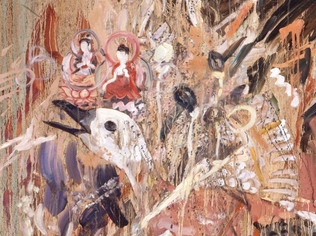 A detail of a larger painting features a large bird with a white head and black beak. There are two figures with fair skin and dark hair floating above the bird