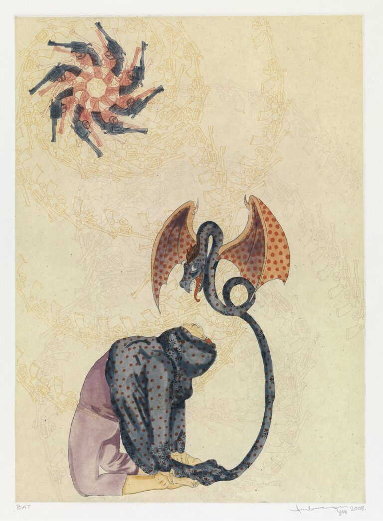 Ambreen Butt, Untitled (Woman/Dragon) (from the series “Daughters of the East”), 2008; Etching, aquatint, spit-bite aquatint, drypoint, and hand coloring on paper, 25 x 19 in.; Courtesy of the artist; © Ambreen Butt; Photo by Stephen Petegorsky 