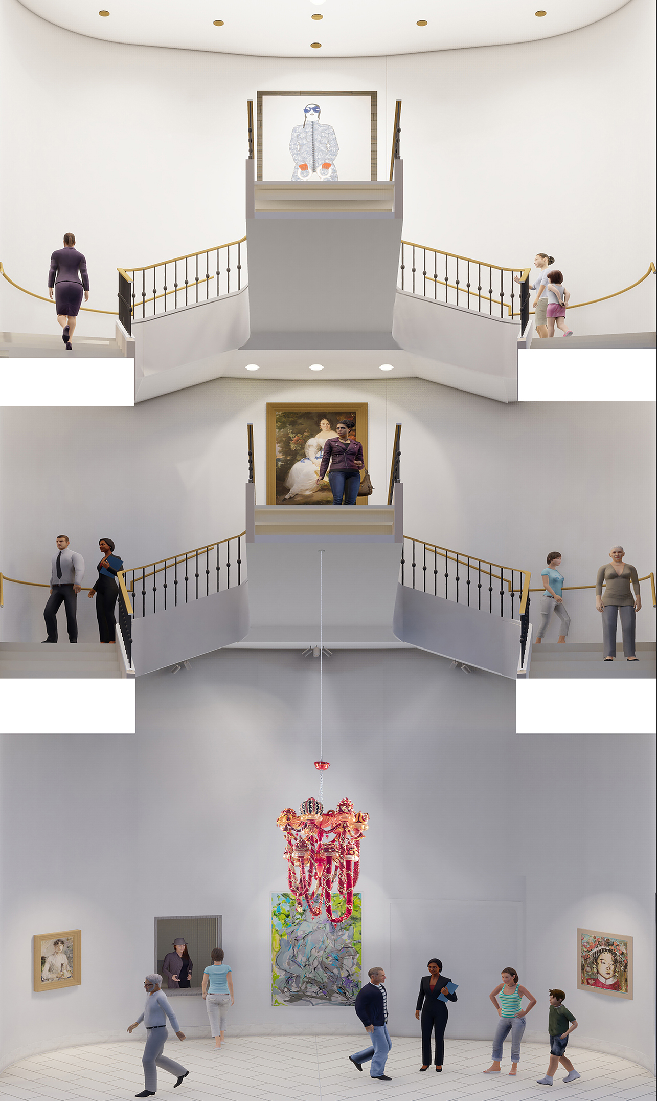 Architectural rendering of a cross-section of the building. The bottom is the entrance lobby with people gathering and the top two floors have people going up and down the stairs while looking at art.