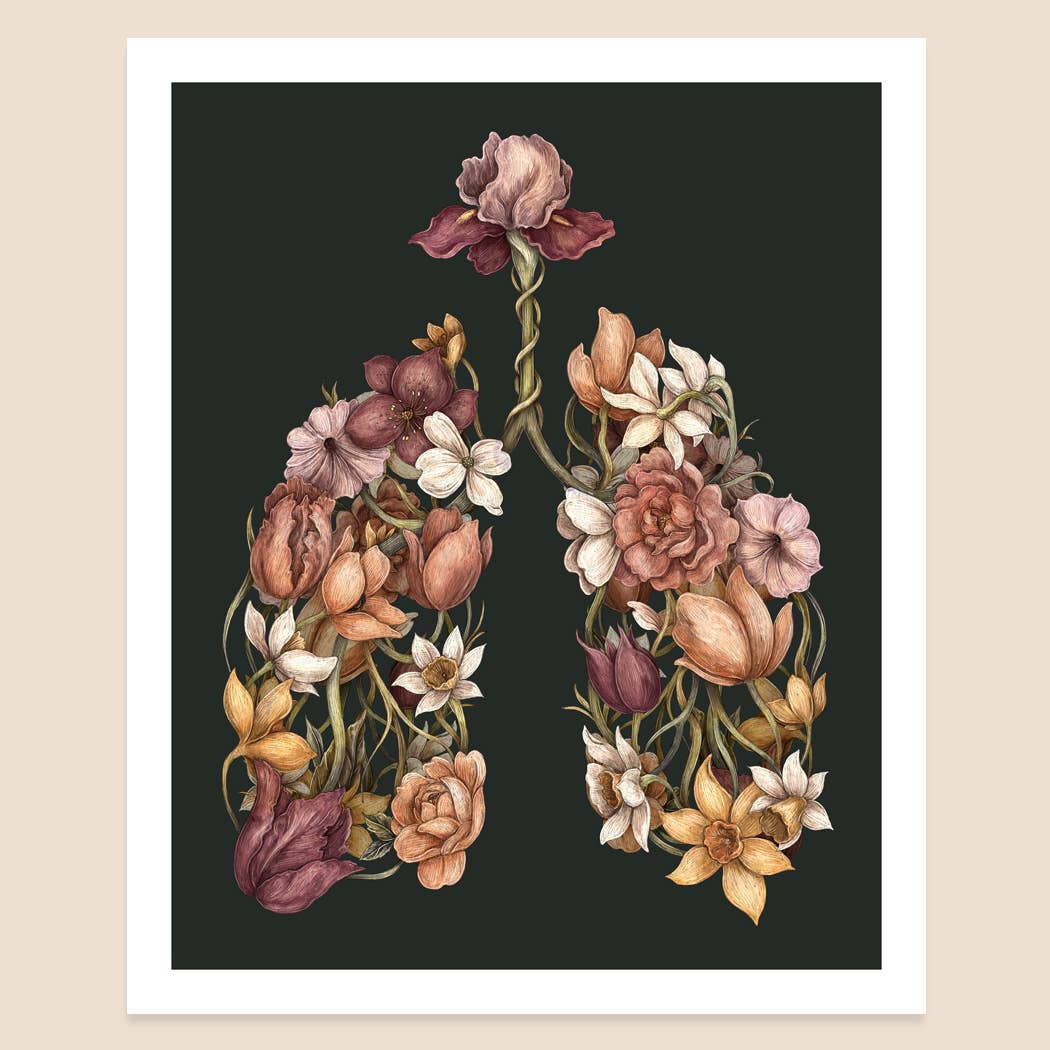 An illustration of may different bloomed flowers is composed in the shape of a heart and lungs. The color palette is muted and contains pink, gold, and white flowers.