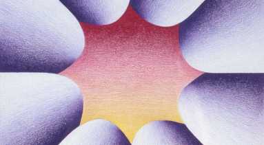 A lilac and red, abstract flower. The inner part in red and yellow looks like a sun, while the lilac leaves are reminiscent of mountains, stacked neatly around the sun.