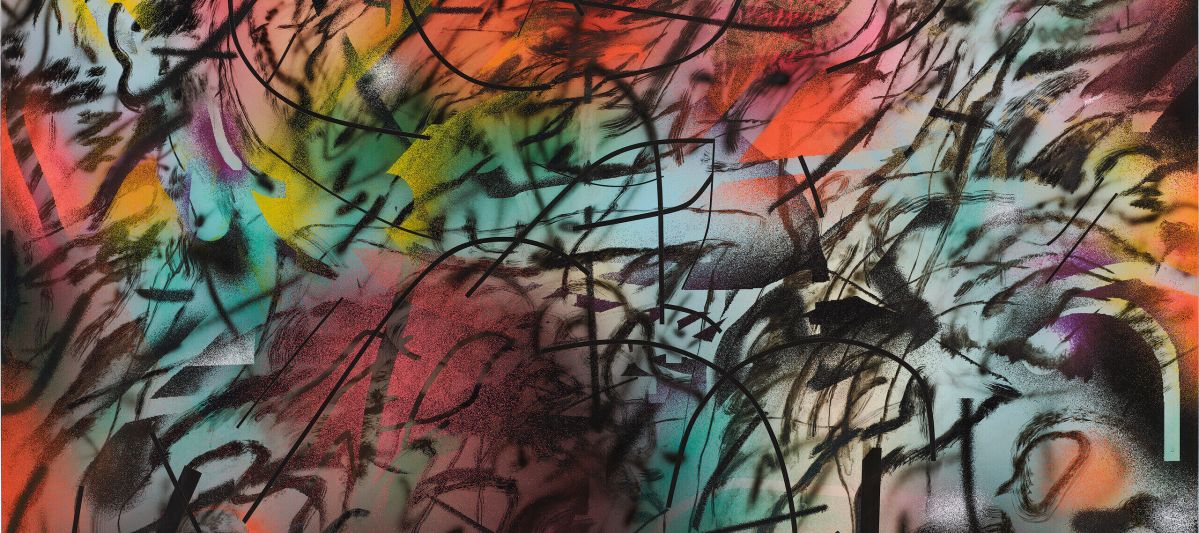 An image of an abstract painting featuring layers of colorful ink in shades of red, orange, purple, yellow, and blue, overlaid with black curving lines. MUST CONTACT HANNAH SHAMBROOM FOR EXTERNAL USAGE PERMISSION