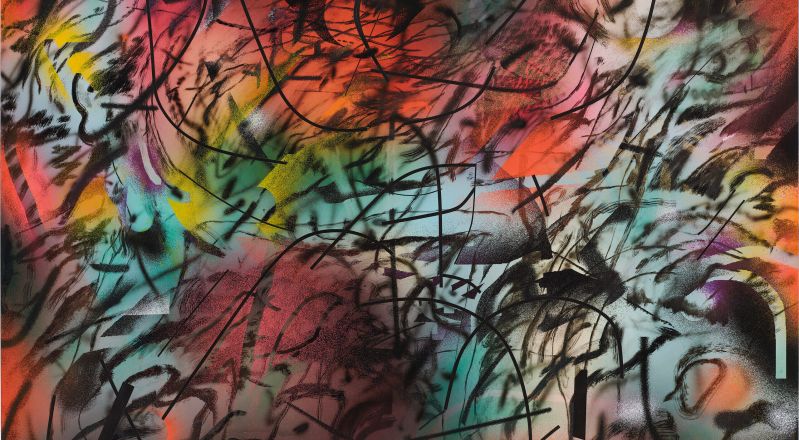 An image of an abstract painting featuring layers of colorful ink in shades of red, orange, purple, yellow, and blue, overlaid with black curving lines. MUST CONTACT HANNAH SHAMBROOM FOR EXTERNAL USAGE PERMISSION