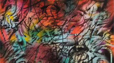 An image of an abstract painting featuring layers of colorful ink in shades of red, orange, purple, yellow, and blue, overlaid with black curving lines. MUST CONTACT HANNAH SHAMBROOM FOR EXTERNAL USAGE PERMISSION
