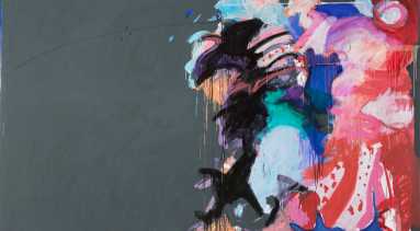 Large abstract work shows half the painting with solid dark gray paint on the right and swirling paint in pinks, blues, black, and purples on the right.