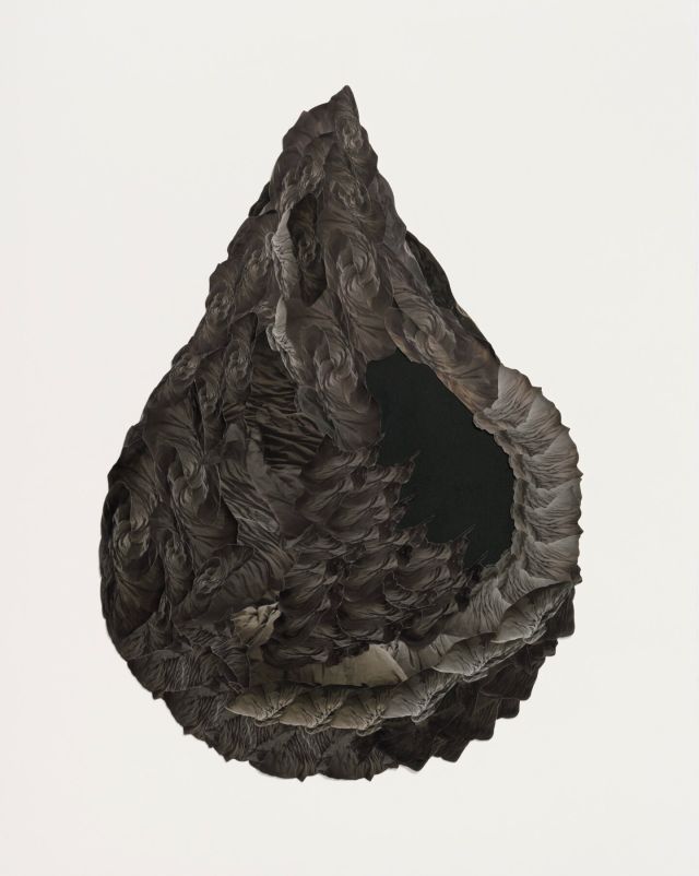 A black work in the shape of a teardrop on a white background. The object has cavernous textures on its surface.