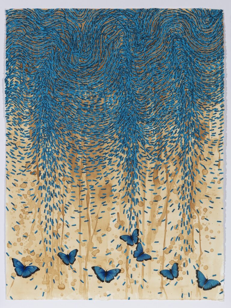 Ambreen Butt, Shoaib (8) (from the series “Say My Name”), 2018; Text, collage, and watercolors with white gouache on tea-stained paper, 29 x 21 in.; Courtesy of the artist; © Ambreen Butt; Photo by Kevin Todora 