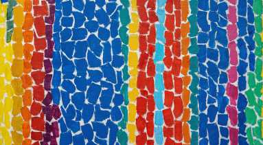 Abstract painting composed of brightly colored, lozenge-shaped brushstrokes in vertical stripes of navy, purple, turqouise, yellow, orange and red.The overall effect is as if the painting was collaged out of torn pieces of paper, with the white of the canvas showing through.