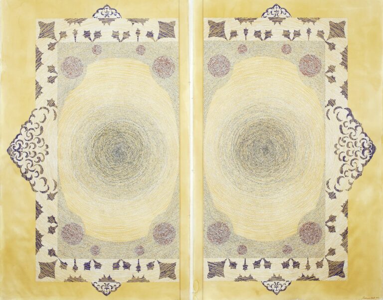 Ambreen Butt, Pages of Deception, 2012; Diptych drawing with torn and collaged text on tea-stained paper, 70 1/2 x 45 in. each; Courtesy of the artist; © Ambreen Butt; Photo by Tony Luong  