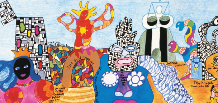 A colorful and print features an abstracted landscape crowded with surreal, cartoon-like figures, geometric shapes, and handwritten labels, such as “The Empress,” “The High Priestess,” and “Justice.” The background features waves, patterns, and symbols, all in overlapping vivid colors.