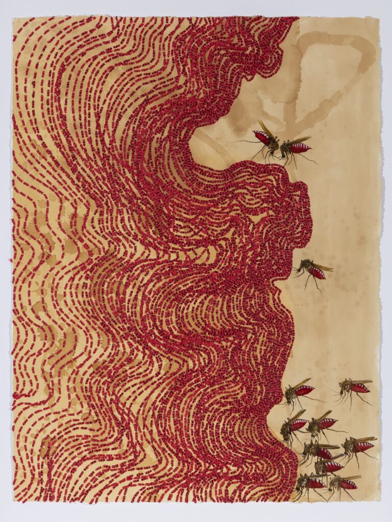 Collaged pieces of red paper with black text are arranged in waves along the left side of a canvas the color of stained tea. On the right side is a hovering insect with wings and red body.