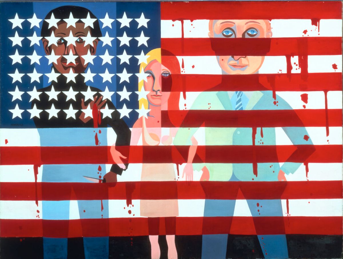 Semi-cubist painting of a black man, white woman, and white man linking arms, superimposed with the American flag. The black man, partially obscured by the stars on the flag, clutches his bleeding chest with one hand and holds a knife in the other. The red stripes of the flag drip as if bleeding.