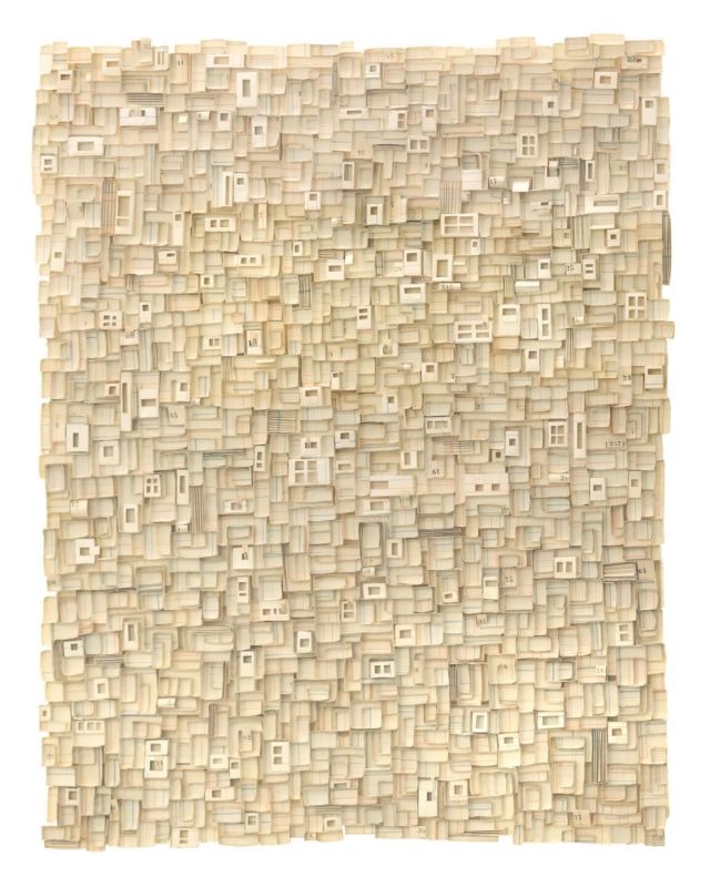 A beige rectangular work with fragments of small boxlike elements adhered together to create a textured surface.