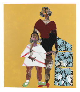An image of a mixed-media work featuring two abstract female figures with medium skin-tone against a yellow background. The figure on the left is smaller and wears a white dress and green shoes. The larger figure on the right wears a red shirt and red shoes. MUST CONTACT HANNAH SHAMBROOM FOR EXTERNAL USAGE PERMISSION