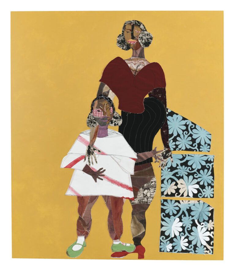 An image of a mixed-media work featuring two abstract female figures with medium skin-tone against a yellow background. The figure on the left is smaller and wears a white dress and green shoes. The larger figure on the right wears a red shirt and red shoes. MUST CONTACT HANNAH SHAMBROOM FOR EXTERNAL USAGE PERMISSION