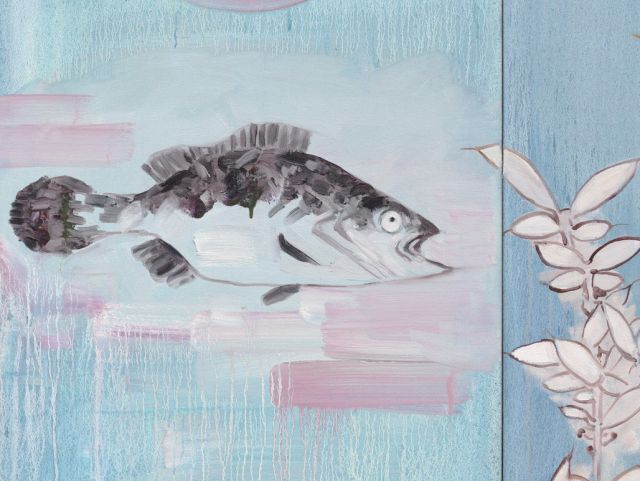 In the middle of the canvas, an open-mouthed fish is swimming in blue water.