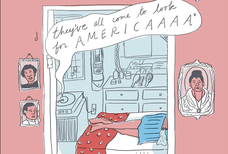 Loosely drawn comic panels in shades of red, white, blue, and black depicting a young woman lying on a bed listening to a record player singing "they've all come to look for AMERICAAAA" and a young man calling to his friends in Arabic to come see a showing of "The Godfather" at a cinema.